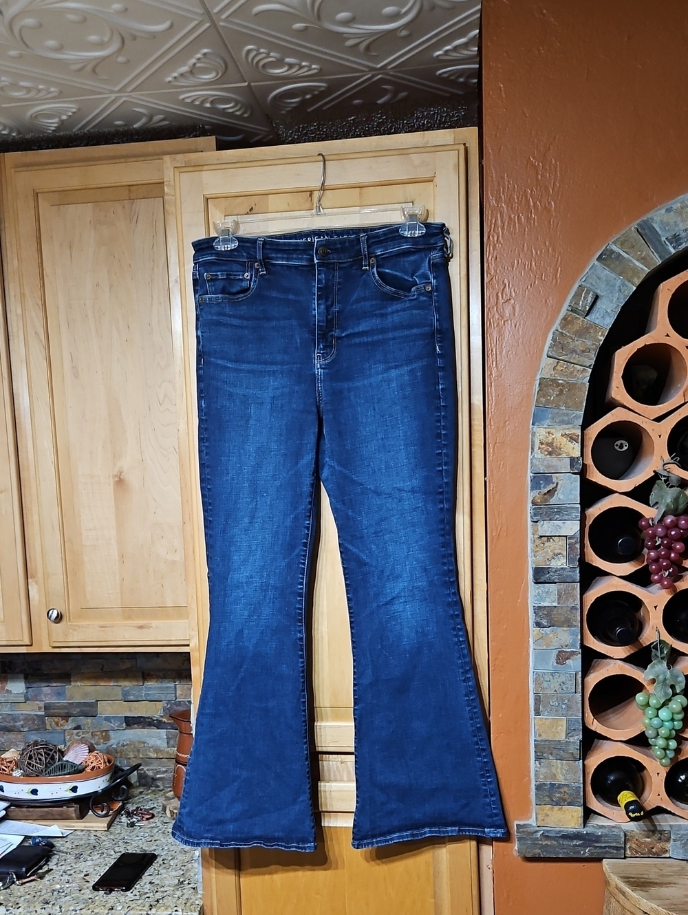 American Eagle Distressed Blue Stretch Super Hi-Rise Flare Jeans